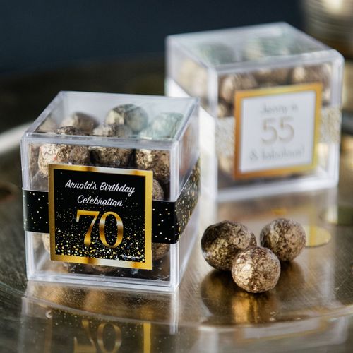 Personalized Milestone 70th Birthday JUST CANDY® favor cube with Premium Sparkling Prosecco Cordials - Dark Chocolate