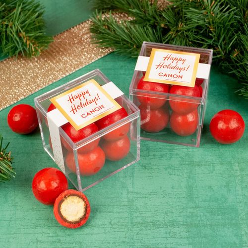 Personalized Christmas Shimmering Confetti JUST CANDY® favor cube with Premium Malted Milk Balls