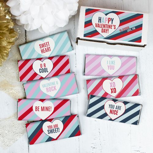 Personalized Valentine's Day Hearts and Stripes Belgian Chocolate Bars Gift Box - 8 Pack