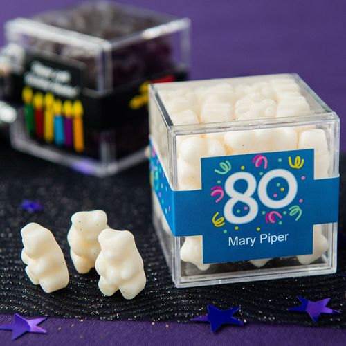 Personalized Milestone 80th Birthday JUST CANDY® favor cube with Gummy Bears