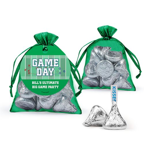 Personalized Gameday Football Field Hershey's Kisses in Organza Bags with Gift Tag