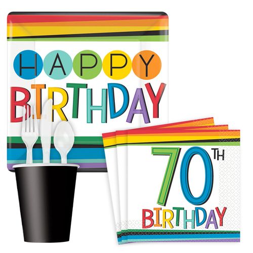Rainbow Happy 70th Birthday Standard Tableware Kit Serves 8