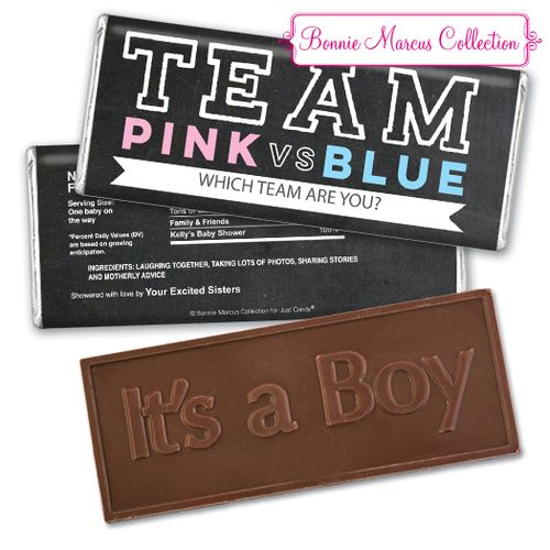 Personalized Bonnie Marcus Team Pink vs. Team Blue Gender Reveal Embossed It's a Boy Chocolate Bar