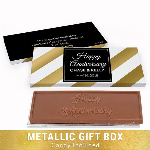 Deluxe Personalized Anniversary Shimmering Stripes Chocolate Bar in Gold Metallic Gift Box