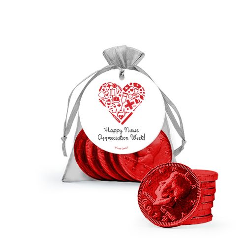 Personalized Nurse Appreciation Heart Milk Chocolate Coins in Organza Bags with Gift Tag