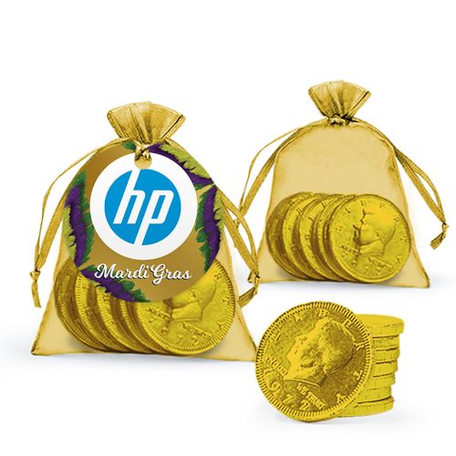 Personalized Mardi Gras Add Your Logo Chocolate Coins in XS Organza Bags with Gift Tag