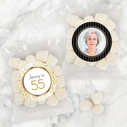 Personalized Milestone 70th Birthday Candy Bags with Jelly Belly Champagne Bubble Gumdrops