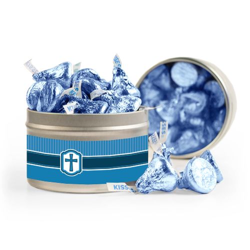 Confirmation Blue Hexagonal Pattern Engraved Cross 8oz Tin with Label