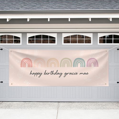 Personalized Rainbow Birthday Garage Banner - Watercolor Rainbows