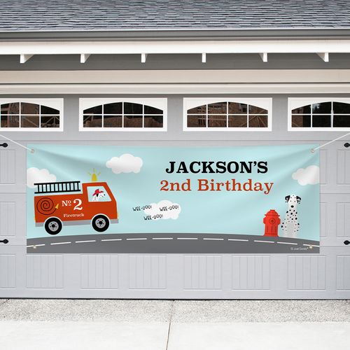 Personalized Fire Truck Birthday Garage Banner - Red Fire Truck