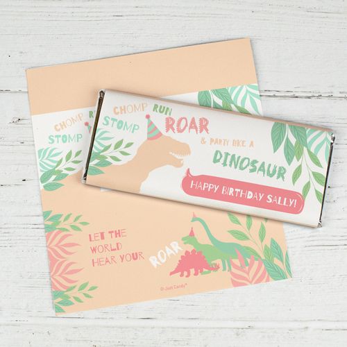 Personalized Dinosaur Birthday Chocolate Bar Wrappers Only - Pink Dinosaur