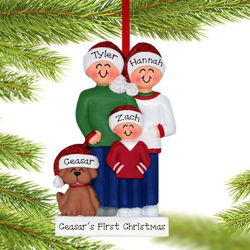 Family Of 3 With Brown Dog Holiday Ornament