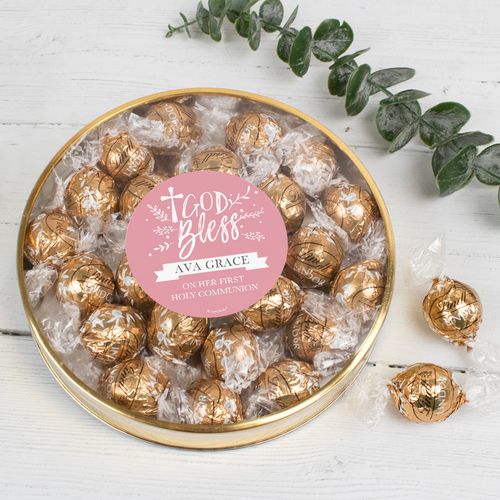 Personalized Communion - God Bless Gifts Large Plastic Tin with Lindt Truffles (20pcs)