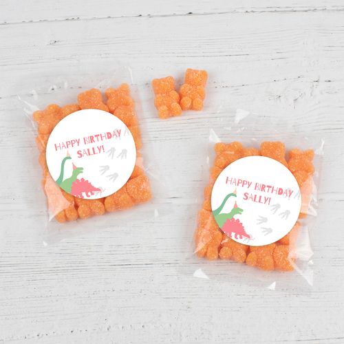 Personalized Dinosaur Birthday Candy Bags with Gummy Bears - Pink Dinosaurs