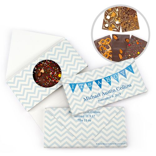 Personalized Bonnie Marcus Birth Announcement Baby Boy Chervron & Banner Gourmet Infused Belgian Chocolate Bars (3.5oz)