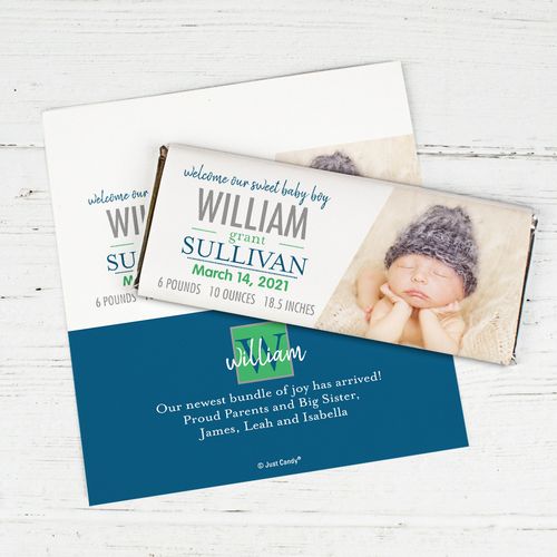 Personalized Blue Monogram Baby Boy Birth Announcement Hershey's Chocolate Bar Wrappers