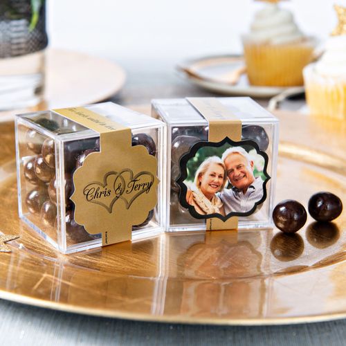 Personalized 50th Anniversary JUST CANDY® favor cube with Premium Rum Cordials - Dark Chocolate