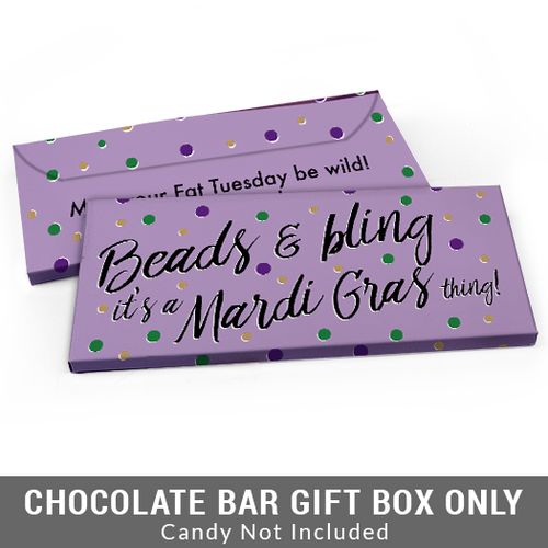 Deluxe Personalized Beads & Bling Mardi Gras Candy Bar Favor Box