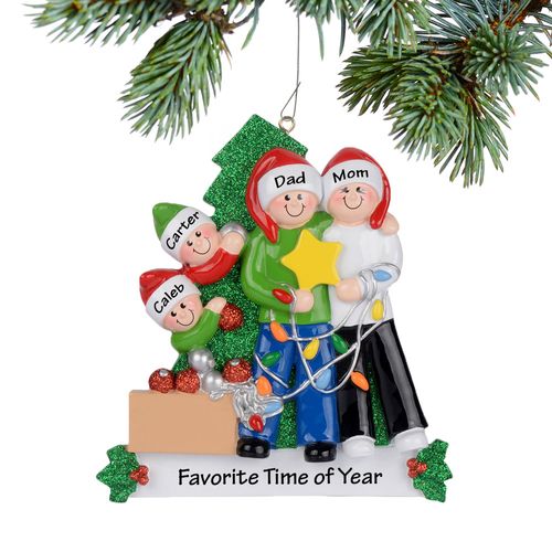 Family Of 4 Decorating Tree Holiday Ornament