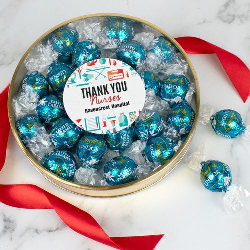 Personalized Thank You Nurses - Blue Gifts Large Plastic Tin with Lindt Truffles (20pcs)