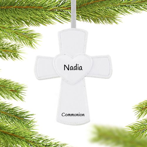 Personalized White Communion Cross with Heart
