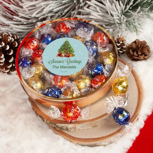 Personalized Christmas Season's Greetings Large Plastic Tin with Lindt Truffles (20pcs)