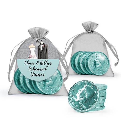 Personalized Rehearsal Dinner Favor Assembled Gift tag, Organza Bag Filled with Milk Chocolate Coins