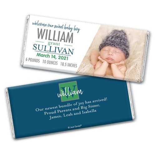 Personalized Blue Monogram Baby Boy Birth Announcement Hershey's Chocolate Bar & Wrapper