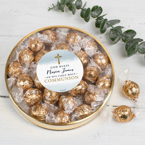 Personalized Communion - Watercolor God Bless Gifts Large Plastic Tin with Lindt Truffles (20pcs)