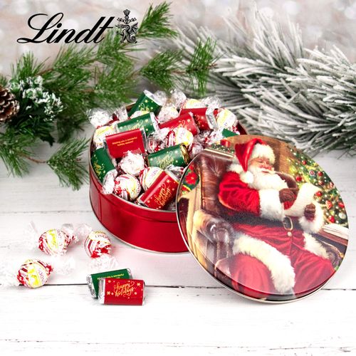Checking It Twice Christmas Happy Holidays 1.8lb Tin Hershey's Miniatures & Peppermint Lindt Truffles