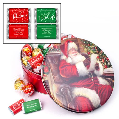 Checking It Twice Christmas Happy Holidays 1lb Tin Personalized Hershey's Miniatures & Lindt Truffles