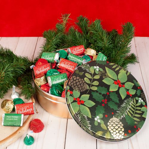 Personalized Golden Pinecones 1.5 lb Happy Holidays Hershey's Mix Tin