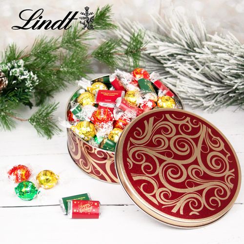 Golden Swirls Happy Holidays 1lb Tin Hershey's Miniatures & Lindt Truffles
