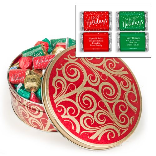 Personalized Golden Swirls 1.5 lb Happy Holidays Hershey's Mix Tin