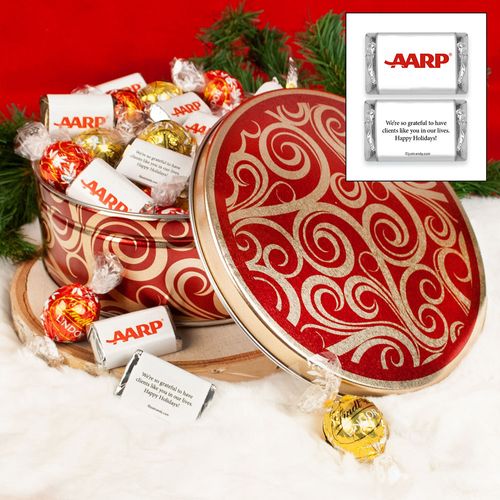 Golden Swirls Christmas Add Your Logo 1lb Tin Personalized Hershey's Miniatures & Lindt Truffles