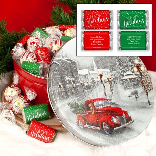 Snowy Drive Christmas Happy Holidays 1.8lb Tin Personalized Hershey's Miniatures & Lindt Truffles