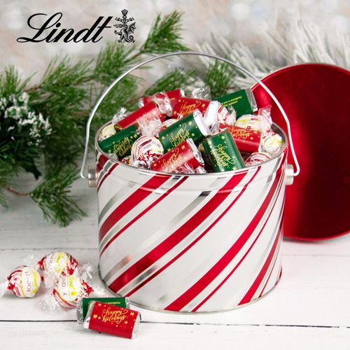 Candy Stripes Happy Holidays 1.9lb Tin Hershey's Miniatures & Peppermint Lindt Truffles