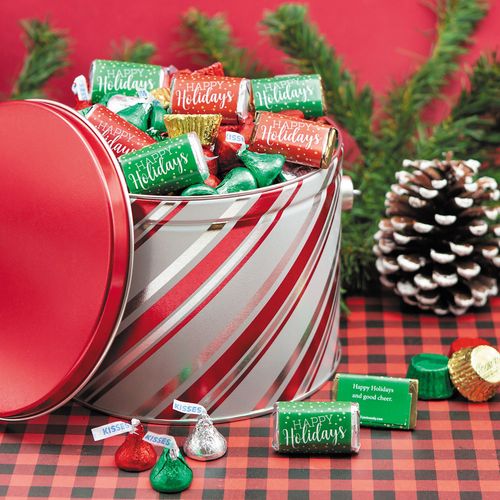Personalized Candy Stripes 2.7 lb Happy Holidays Hershey's Mix Tin