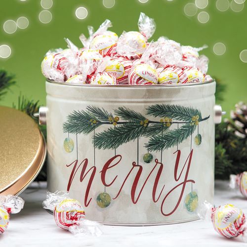 Very Merry 2.5lb Tin with White Chocolate Peppermint Lindor Truffles by Lindt