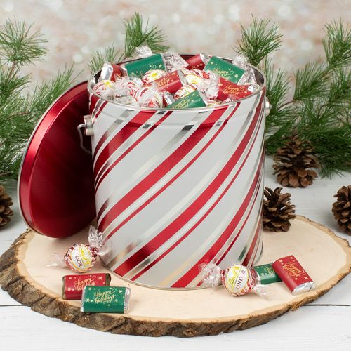 Candy Stripes Happy Holidays 3lb Tin Hershey's Miniatures & Lindt Truffles