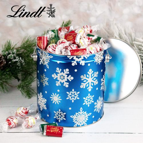 Flurries Happy Holidays 3lb Tin Hershey's Miniatures & Peppermint Lindt Truffles