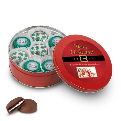 Personalized Merry Christmas Photo Red Holly Chocolate Covered Oreos Tin (16ct)