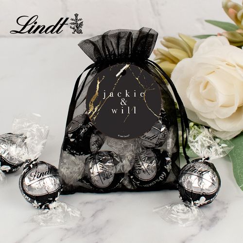 Personalized Wedding Lindt Truffle Organza Bag- Black & Gold Marble