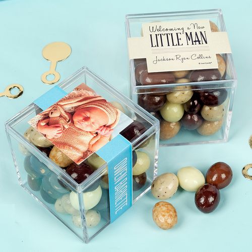 Personalized Boy Birth Announcement JUST CANDY® favor cube with Premium New York Espresso Beans