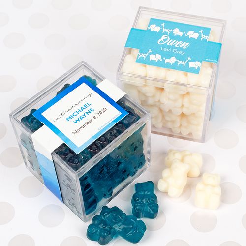 Personalized Boy Birth Announcement JUST CANDY® favor cube with Gummy Bears