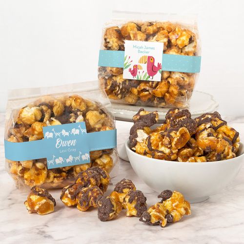 Personalized Baby Boy Birth Announcement Chocolate Caramel Sea Salt Gourmet Popcorn 3.5 oz Bags