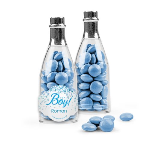Personalized Boy Birth Announcement Favor Assembled Champagne Bottle Filled with Just Candy Milk Chocolate Minis