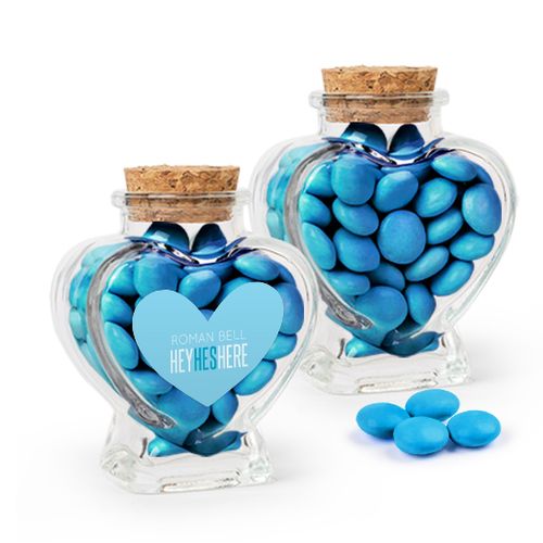 Personalized Boy Birth Announcement Favor Assembled Heart Jar Filled with Just Candy Milk Chocolate Minis
