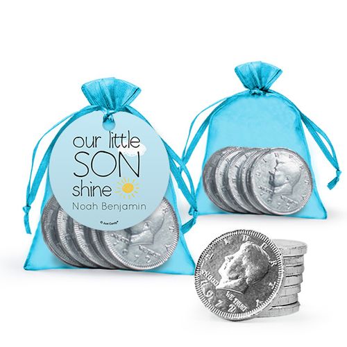 Personalized Boy Birth Announcement Favor Assembled Gift tag, Organza Bag Filled with Milk Chocolate Coins