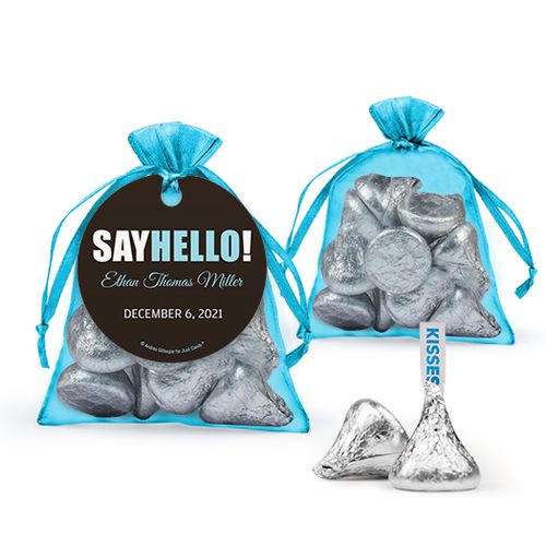 Personalized Boy Birth Announcement Favor Assembled Organza Bag Filled with Hershey's Kisses
